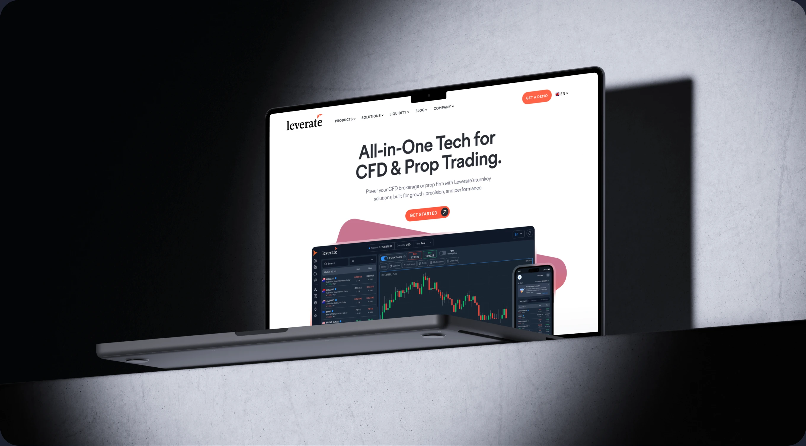 Leverate website shown on a laptop mockup