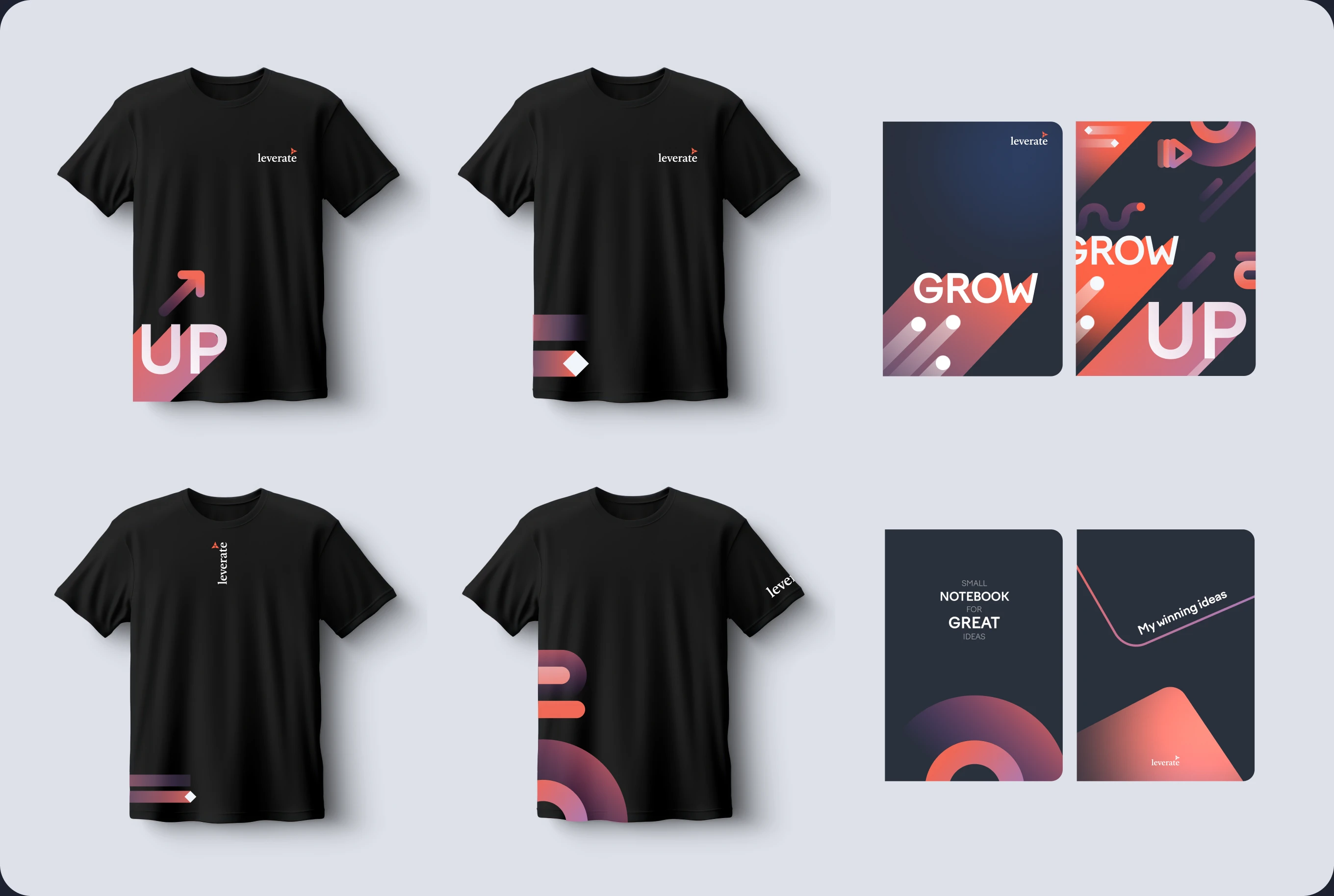 Merch overview — t-shirts and notebooks with Leverate brand identity