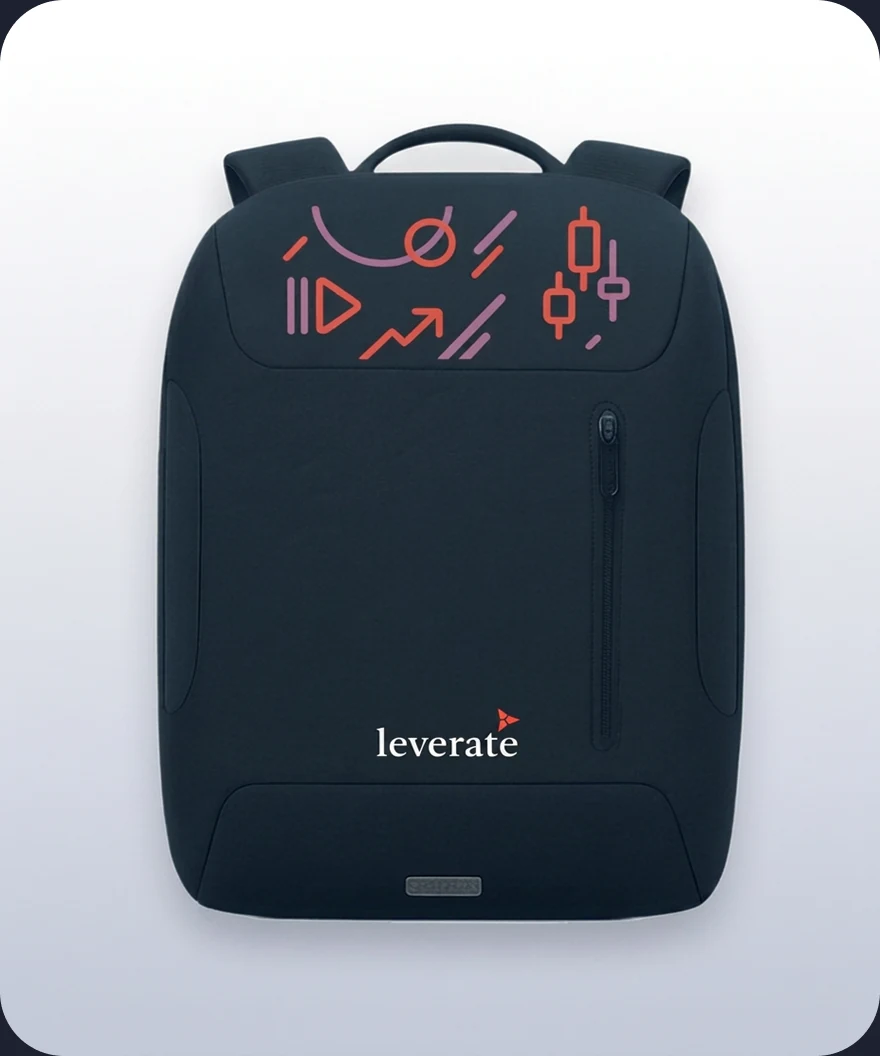Leverate branded backpack with app design detail