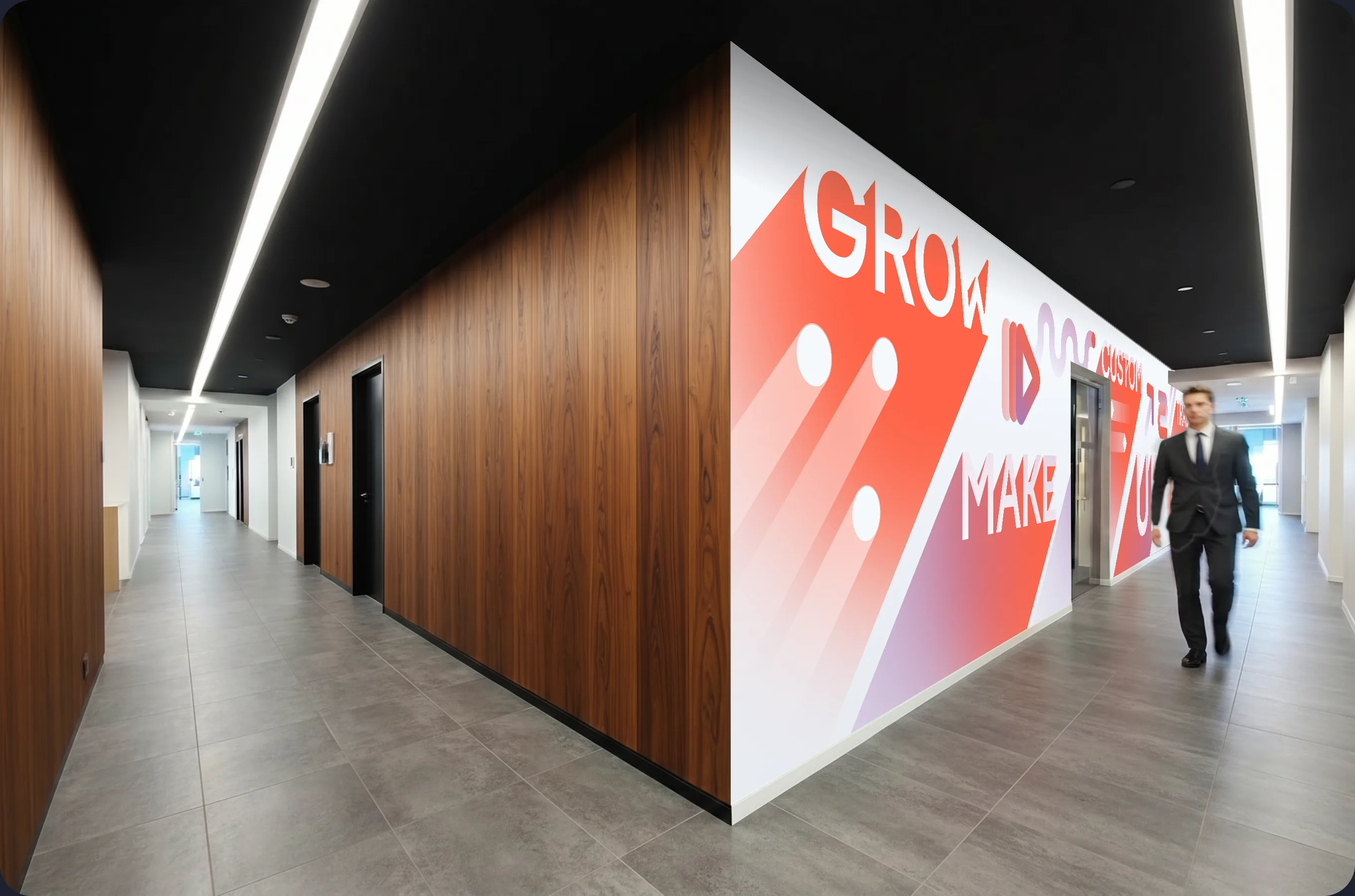 Leverate branded office wall and corridor