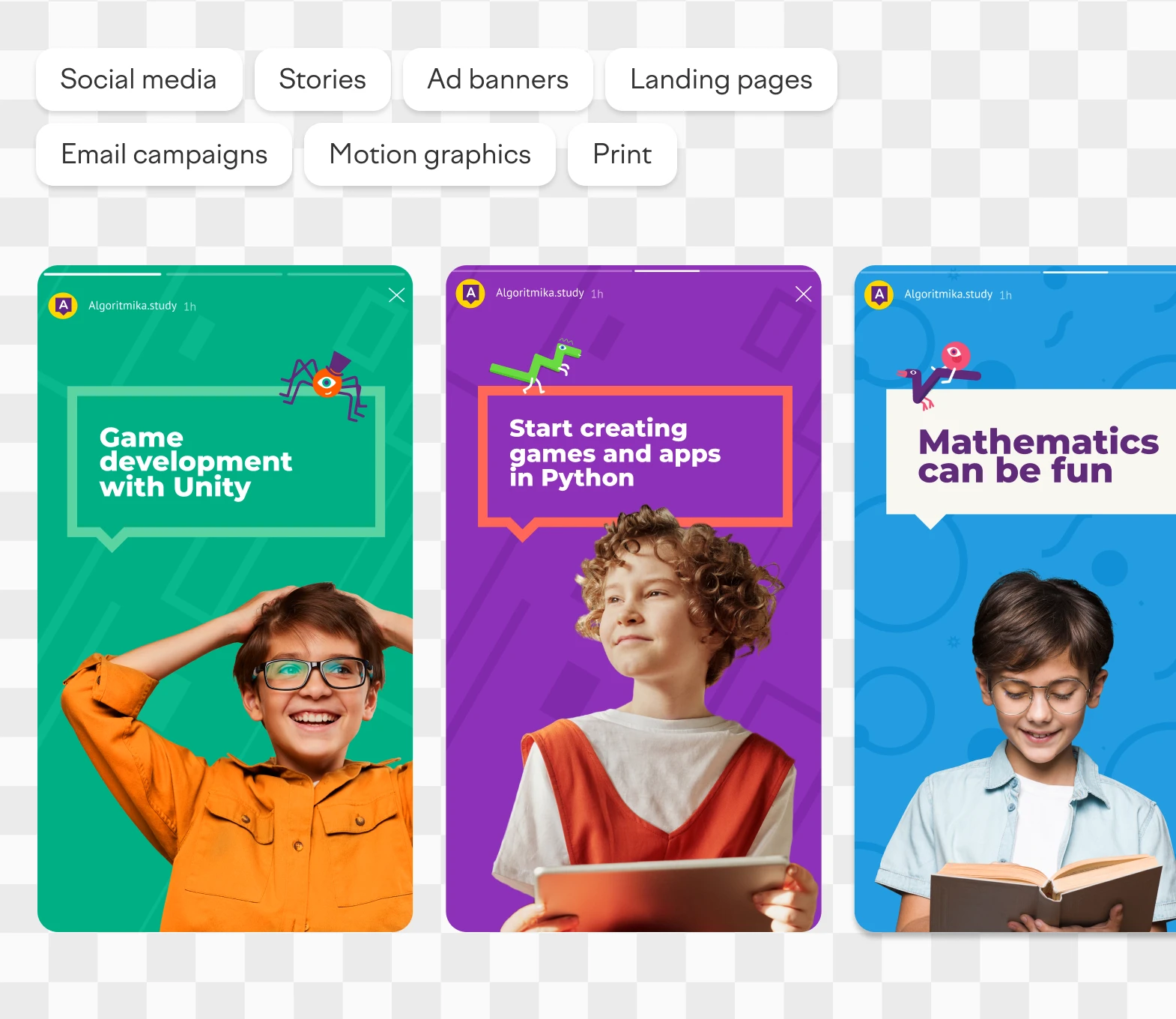 Marketing creatives: social media stories and ad designs